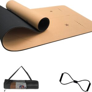 Numat Cork Yoga Mat 6mm (1/4 inch) Thick 72 x 24 in, Sweatproof NonSlip Eco-friendly, Lightweight TPE foam with Alignment Lines, Great for Hot Yoga, Pilates, Gym and Exercise, Black Carrying Bag w. Strap Included