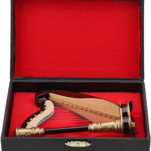 Joyzan Miniature Harp Model, Wooden Musical Instrument Dollhouse Mini Retro Display Harp Figurine Antique Replica Statue Table Collectible Ornament Party Decoration Storage Box Case Home Office Decor