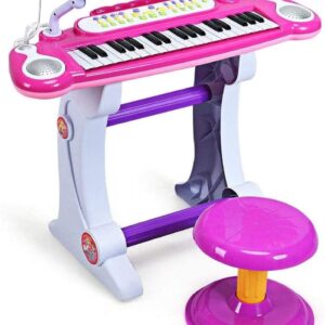 GLACER 37-Key Kids Piano Keyboard, Electronic Musical Instrument Educational Toy Electronic Organ with Detachable Microphone, Stool, Record and Playback, Lights, Adjustable Volume (Pink)