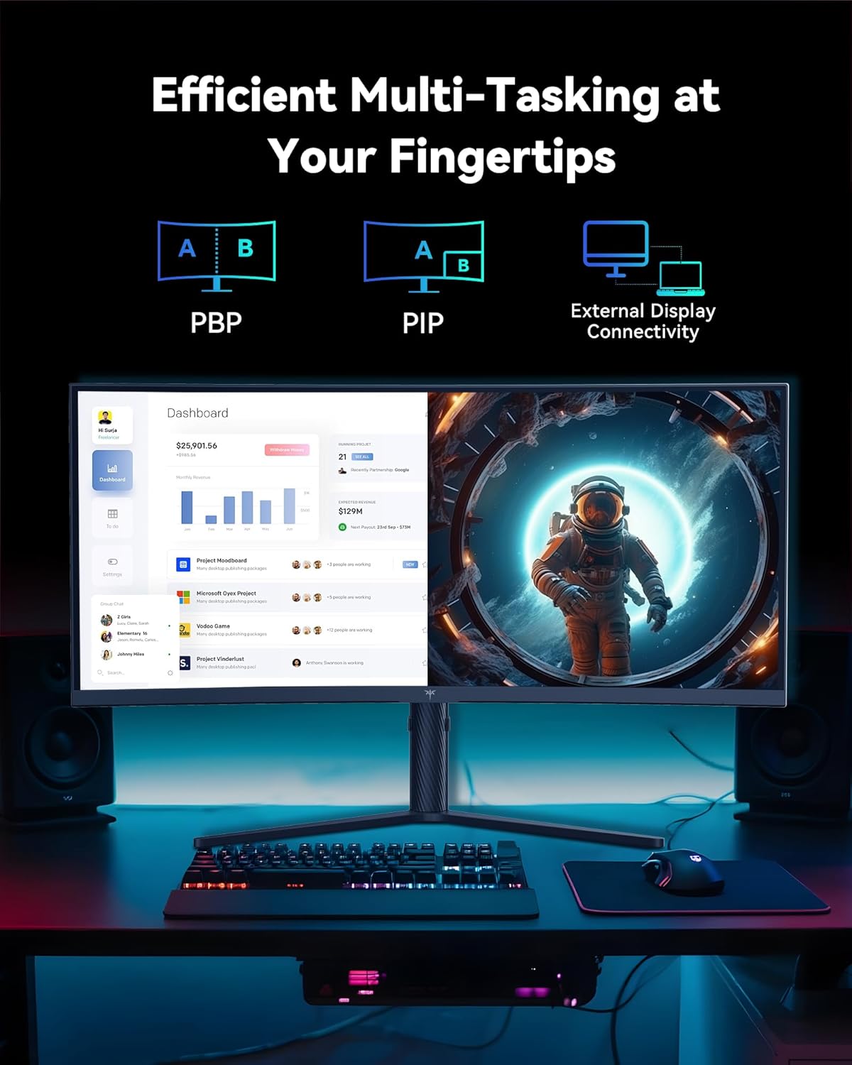 KTC 34 Inch UWQHD Curved Gaming Monitor, 3440x1440 Ultrawide PC Monitor 1500R, 180Hz 21:9 Display, Adaptive Sync, 1ms MPRT, 4000:1 Contrast, Tilt/Swivel/Pivot/Height Adjustment, HDMI2.0 & DP1.4,H34S5 - Image 7