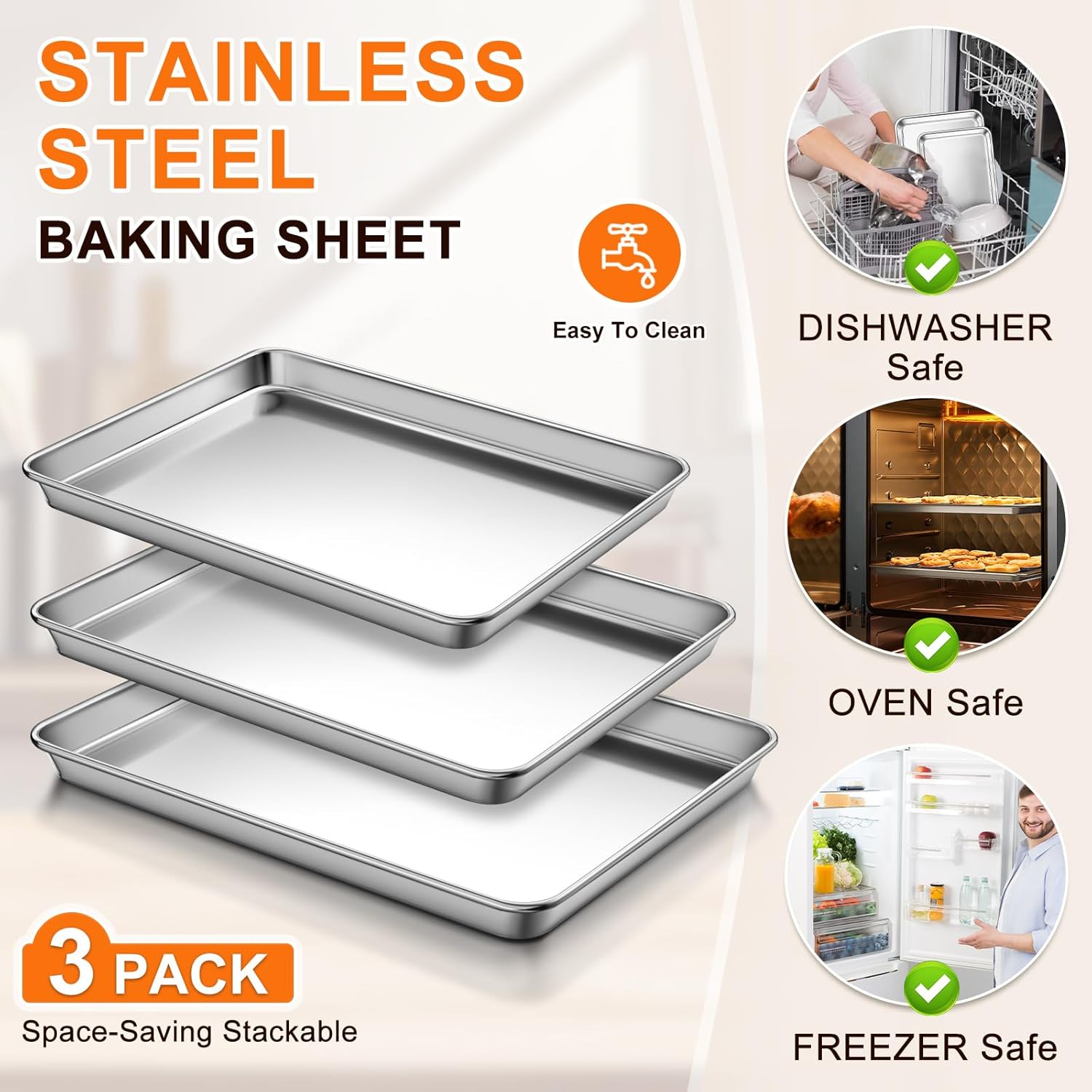 Baking Sheet Set of 3, Commercial Grade Stainless Steel Cookie Sheets for Baking, 12/16/17.5 Inch, Thicker and Firmer Baking Pans Set, Rust & Warp Resistant & Nonstick, Nontoxic&Heavy Duty&Easy Clean - Image 5