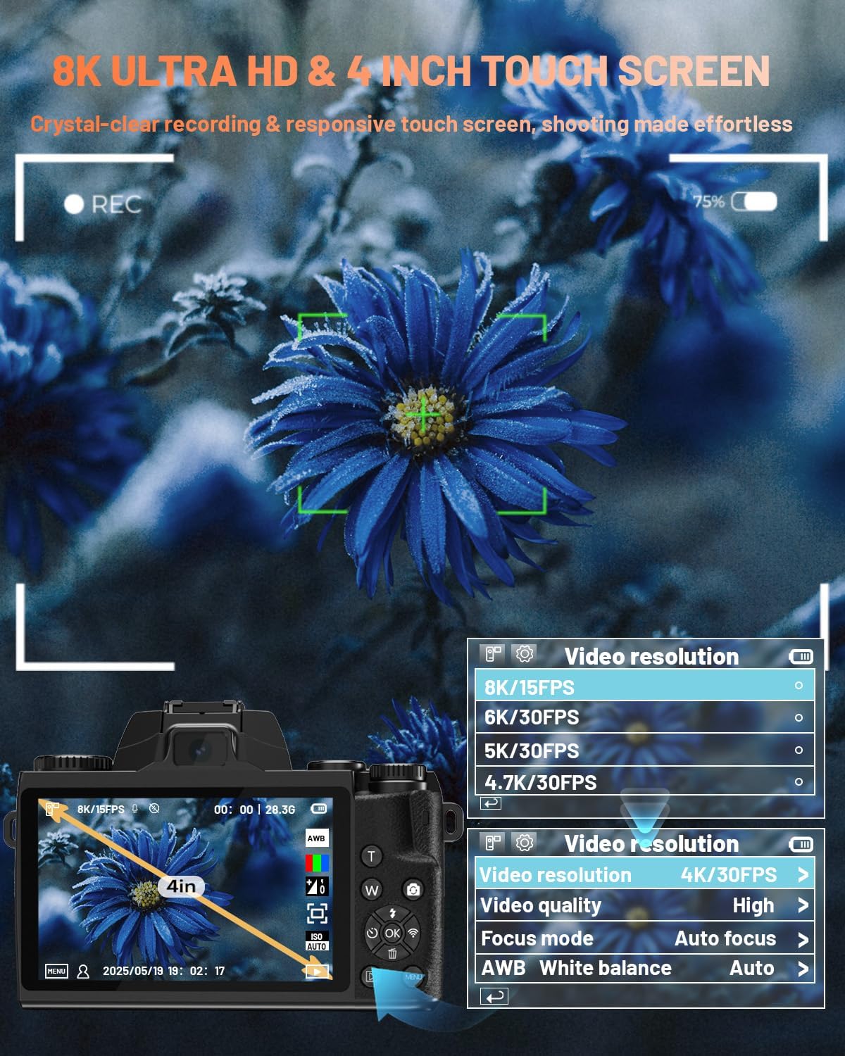 8K Digital Camera for Photography, Vlogging Camera for YouTube with Autofocus, 4 Inch Touchscreen 16X Digital Zoom Video Camera with 3000mAh Battery, Dual-Lens, Lens Hood, 32GB TF Card and Flash,Black - Image 3