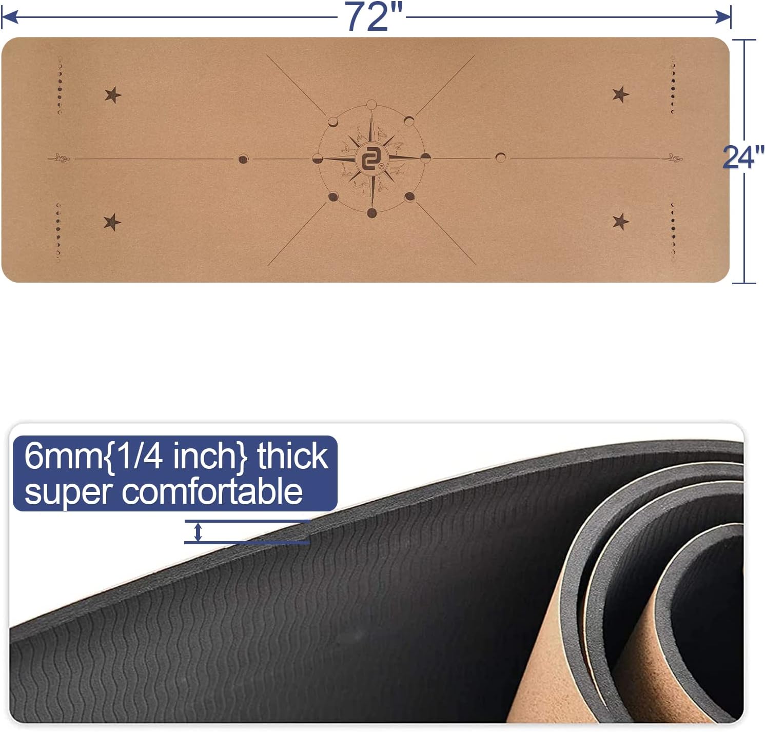 Numat Cork Yoga Mat 6mm (1/4 inch) Thick 72 x 24 in, Sweatproof NonSlip Eco-friendly, Lightweight TPE foam with Alignment Lines, Great for Hot Yoga, Pilates, Gym and Exercise, Black Carrying Bag w. Strap Included - Image 2