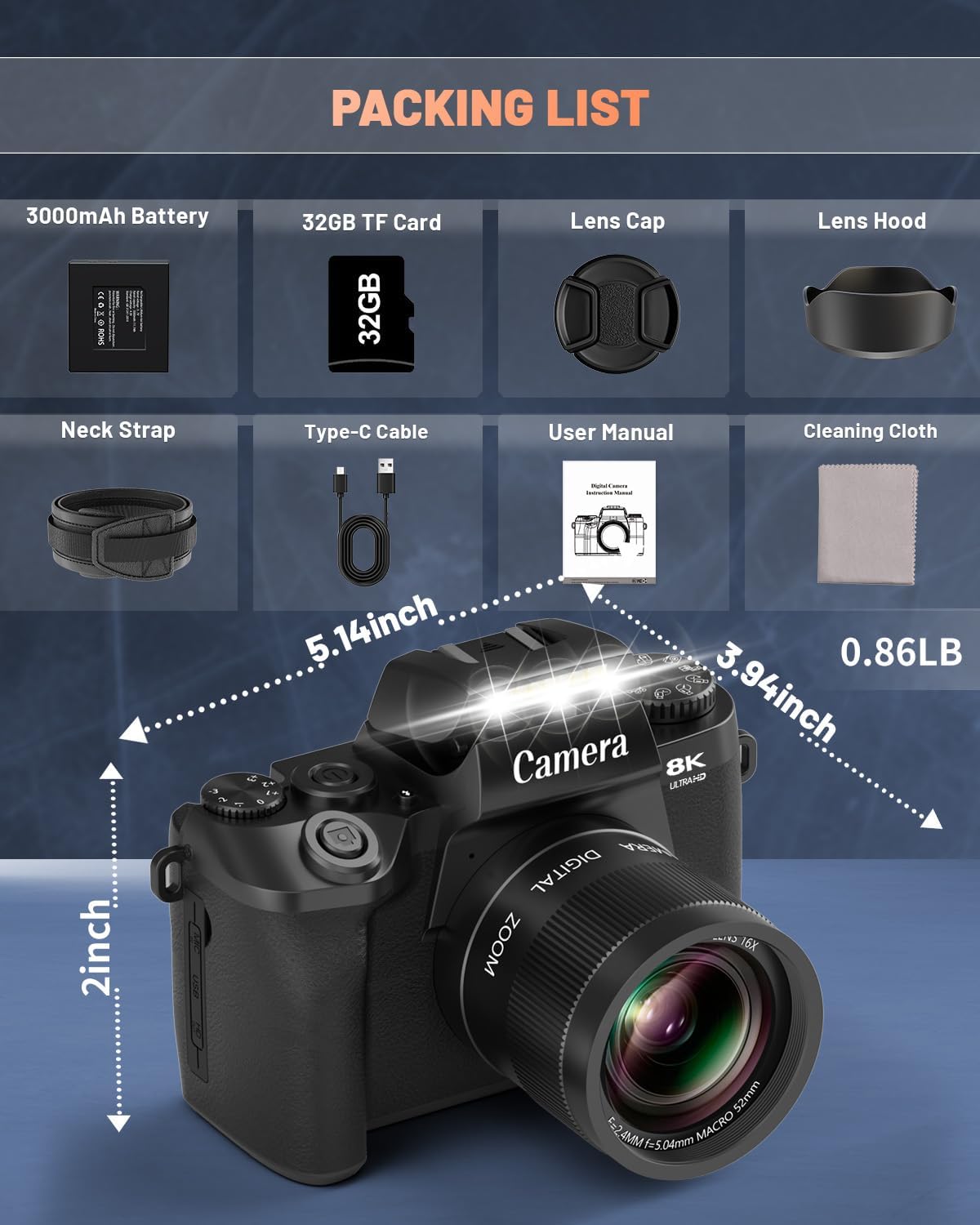 8K Digital Camera for Photography, Vlogging Camera for YouTube with Autofocus, 4 Inch Touchscreen 16X Digital Zoom Video Camera with 3000mAh Battery, Dual-Lens, Lens Hood, 32GB TF Card and Flash,Black - Image 8