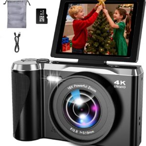 4K Digital Camera for Photography and Video, 56MP Autofocus Vlogging Camera for YouTube, 3″ 180° Flip Screen & 16X Digital Zoom, Compact Travel Cameras with 32GB SD Card for Beginners & Adults