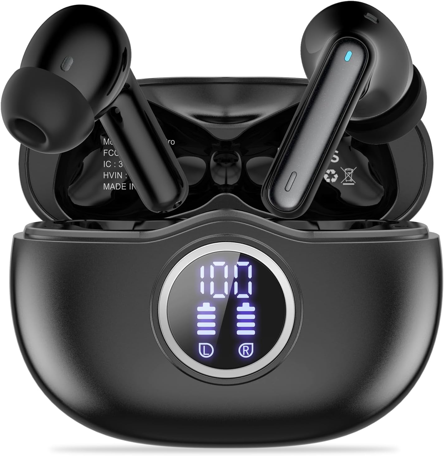 A10 Pro Wireless Earbuds Bluetooth 5.3 HiFi Stereo, 50H Playback LED Digital Display Earphones, ENC Noise Cancelling Mic, Ergonomic Sport Headphone Headset for Gym/Running/Work-Black