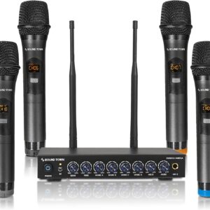 Sound Town 200 Channels Wireless Microphone Karaoke Mixer System, with 4 Metal Handheld Microphones, Optical (Toslink), AUX, for Smart TV, Home Theater, Sound Bar (SWM16-4MEGA)