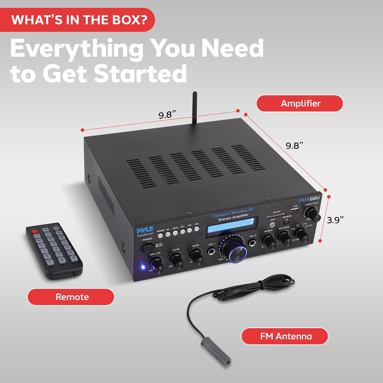 Pyle Wireless Bluetooth Power Amplifier System- 200W Dual Channel Sound Audio Stereo Receiver w/USB, SD, AUX, MIC w/Echo, Radio, LCD - Home Theater Entertainment via RCA, Studio Use, Black - PDA6BU.6 - Image 7