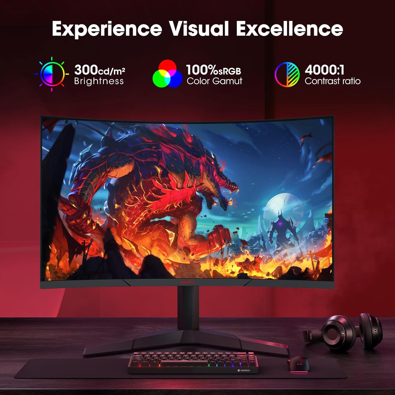 KOORUI 27 Inch Curved Gaming Monitor QHD (2560 x 1440) 180Hz, 1ms 1500R Display, Adaptive Sync, 90% DCI-P3, HDMI 2.0 & DisplayPort 1.4, VESA, Tilt, Eye Care, 27E6QCA - Image 6