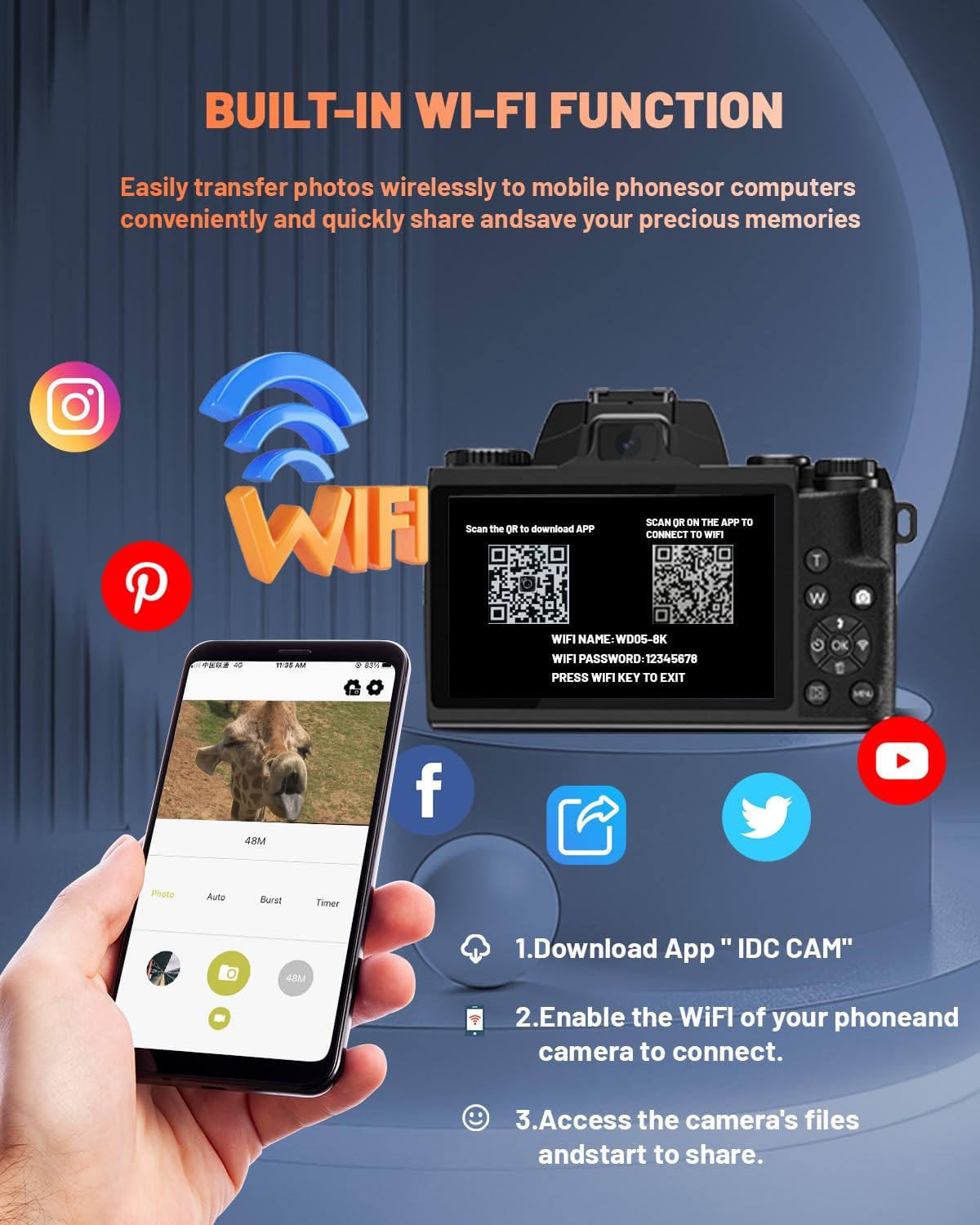 8K Digital Camera for Photography, Vlogging Camera for YouTube with Autofocus, 4 Inch Touchscreen 16X Digital Zoom Video Camera with 3000mAh Battery, Dual-Lens, Lens Hood, 32GB TF Card and Flash,Black - Image 7