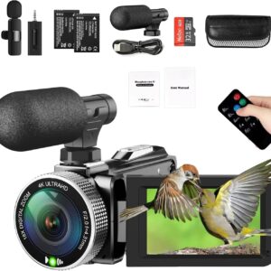 4K Video Camera Camcorder – 48MP 30FPS with Wireless Lavalier Mic & External Mic | 3″ Ultra HD Screen, 18X Digital Zoom | Vlogging/YouTube Recorder + 32GB SD Card Included