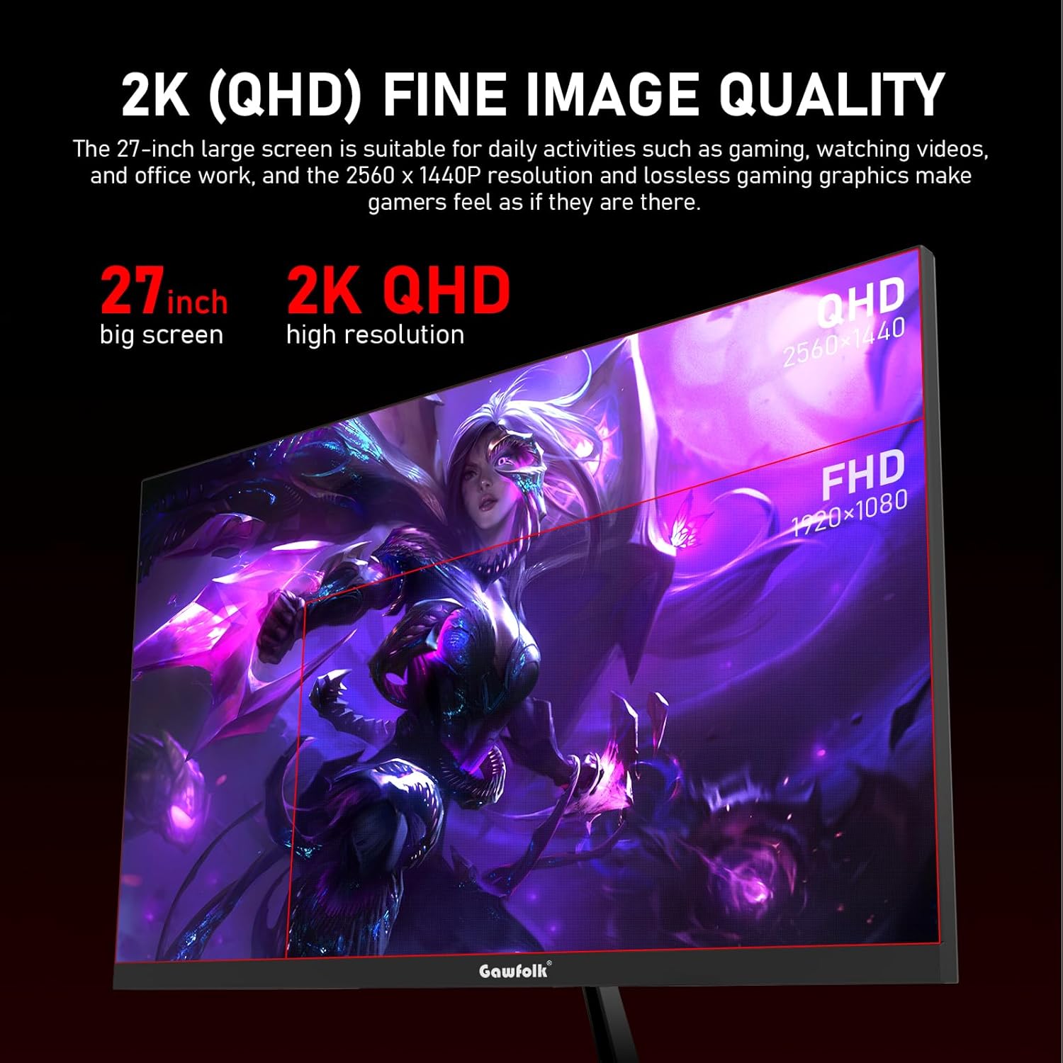 Gawfolk 27 inch 2K QHD(2560×1440) PC Screen, 165Hz Gaming Monitor, 1ms Without Bezel, FreeSync,98% sRGB, 178° Wide Viewing Angle,Display 1.4、Port HDMI2.0, Wall Mount Compatible 75 * 75MM- Black - Image 3