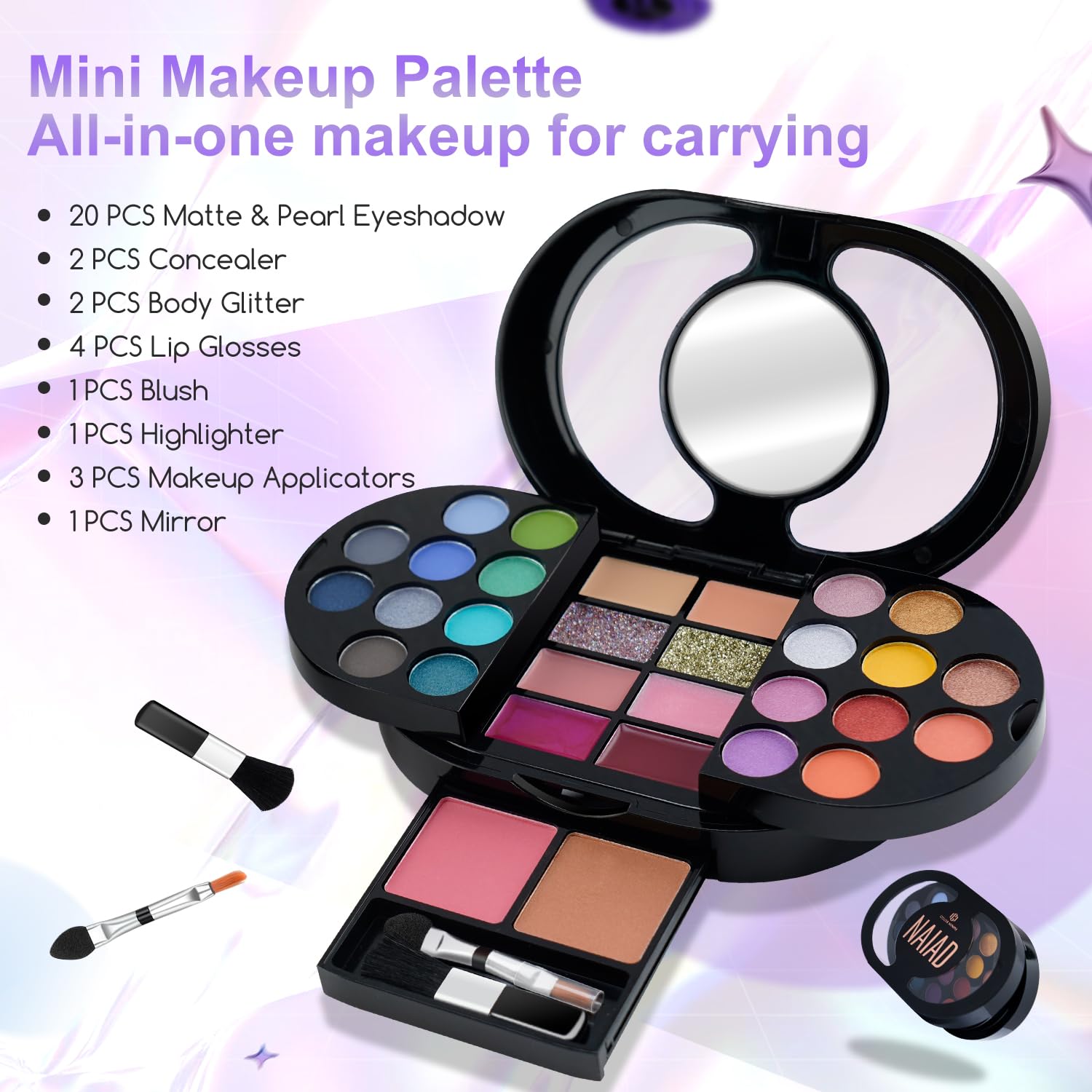 Color Nymph Travel Makeup Palette with Mulit-Colors Eyeshadows,Concealer, Body Glitter,Lip Glosses,Blush,Highlighter,Makeup Applicators And Mirror - Image 7