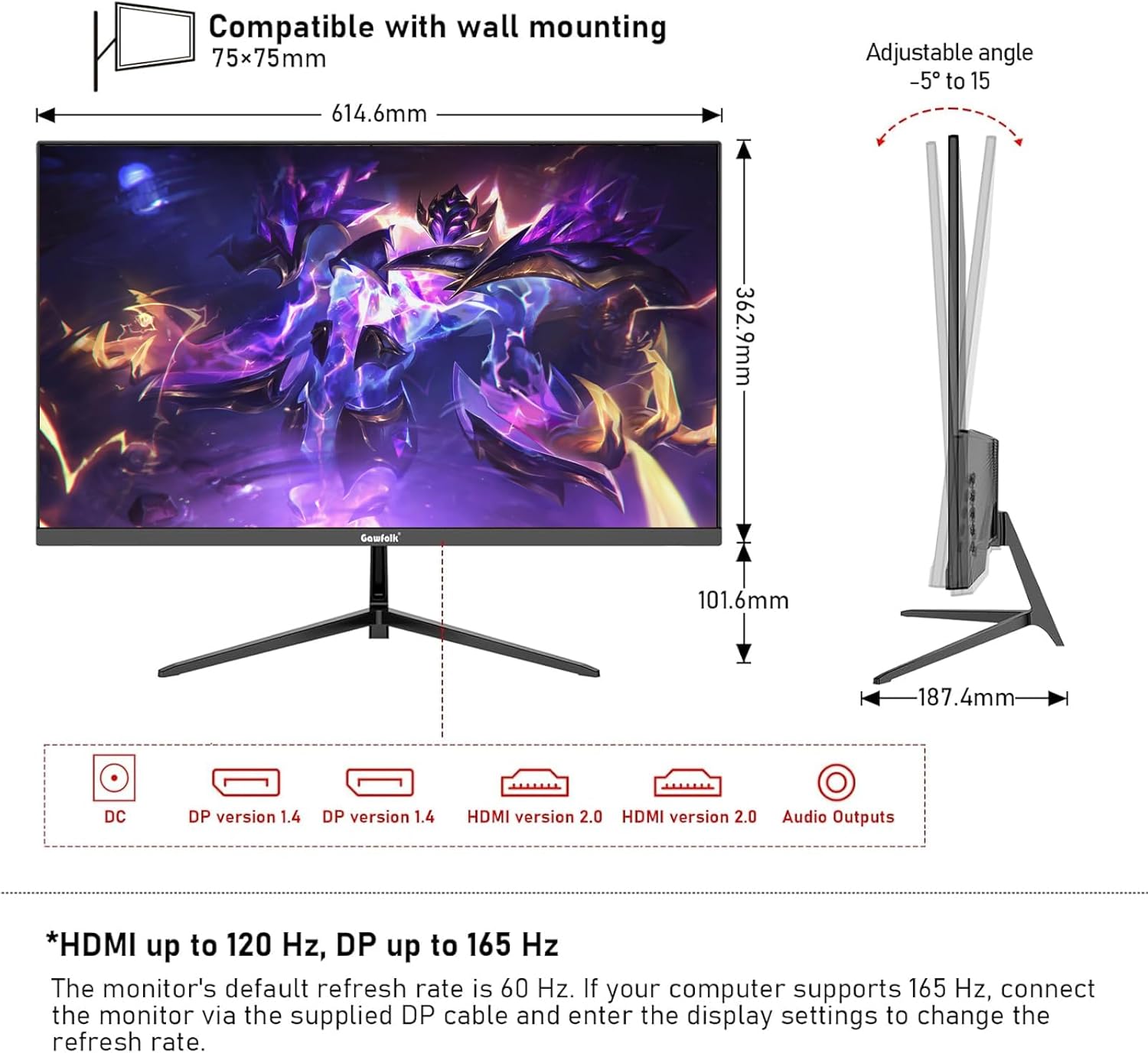 Gawfolk 27 inch 2K QHD(2560×1440) PC Screen, 165Hz Gaming Monitor, 1ms Without Bezel, FreeSync,98% sRGB, 178° Wide Viewing Angle,Display 1.4、Port HDMI2.0, Wall Mount Compatible 75 * 75MM- Black - Image 6