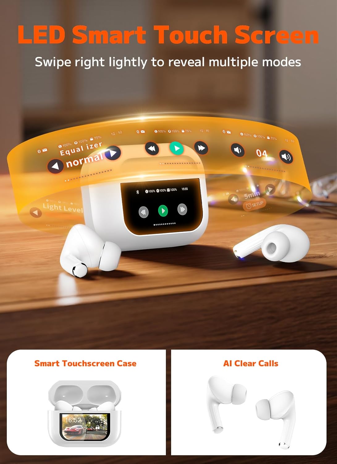 Wireless Earbuds, Bluetooth 5.4 Ear Buds with Smart Touchscreen Case, ENC Noise Cancelling Headphones with 48H Playtime, Bass Stereo Sound, Compatible with iPhone Air/17/16/15/14/Android, Pad - Image 3