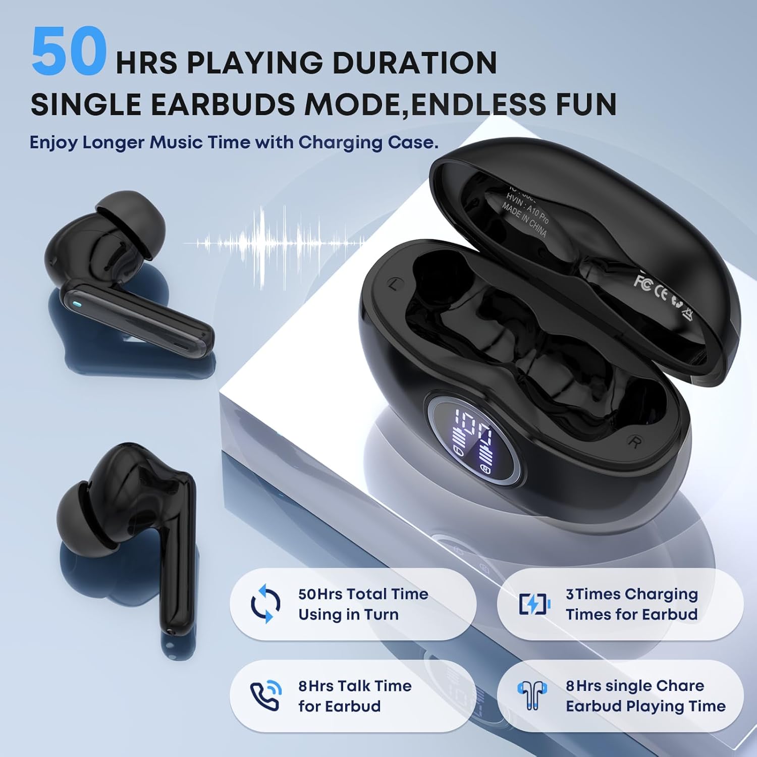 A10 Pro Wireless Earbuds Bluetooth 5.3 HiFi Stereo, 50H Playback LED Digital Display Earphones, ENC Noise Cancelling Mic, Ergonomic Sport Headphone Headset for Gym/Running/Work-Black - Image 3