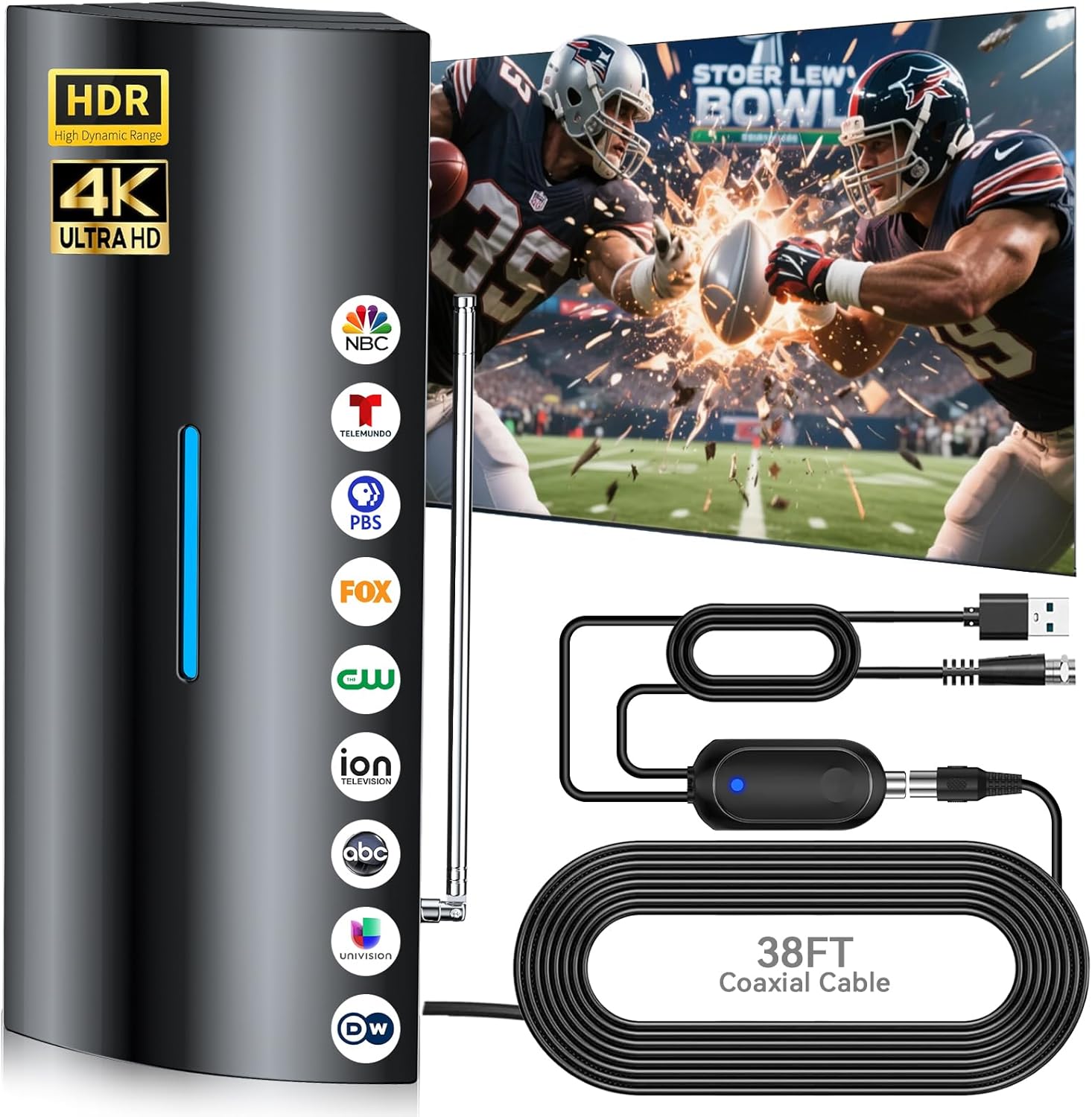 3200+ Miles Range Upgraded TV Antenna, Strongest Digital Antenna for Smart TV Indoor Outdoor with Amplifier, Long Range 360° Reception HD Local Channels, Supports 8K, 4K, 1080P for All TVs-38FT Cable