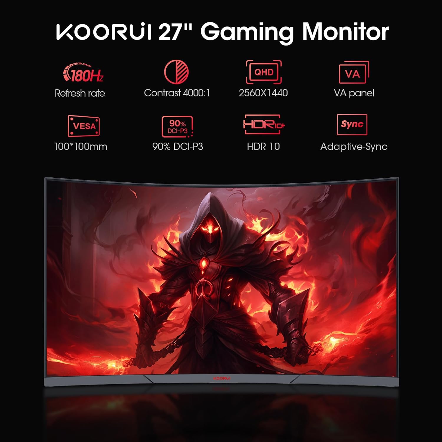 KOORUI 27 Inch Curved Gaming Monitor QHD (2560 x 1440) 180Hz, 1ms 1500R Display, Adaptive Sync, 90% DCI-P3, HDMI 2.0 & DisplayPort 1.4, VESA, Tilt, Eye Care, 27E6QCA - Image 2