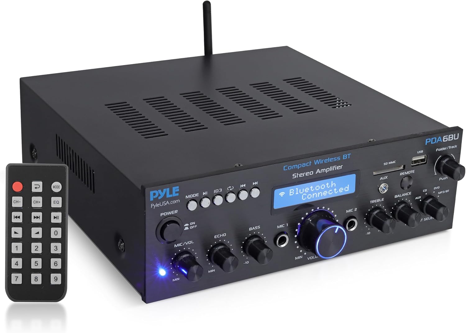 Pyle Wireless Bluetooth Power Amplifier System- 200W Dual Channel Sound Audio Stereo Receiver w/USB, SD, AUX, MIC w/Echo, Radio, LCD - Home Theater Entertainment via RCA, Studio Use, Black - PDA6BU.6