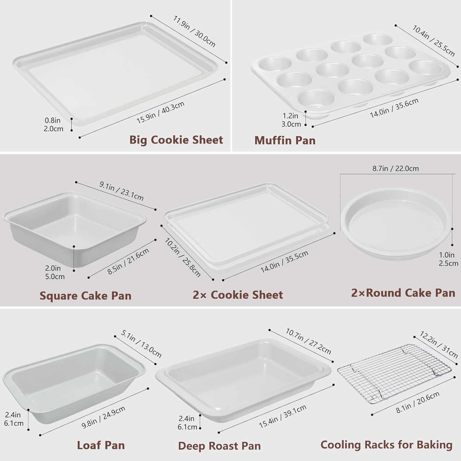 Nonstick Bakeware Set 10 Pcs, Professional Kitchen Bicolor Baking Pans Set with Cookie Sheets, Muffin Pan, Loaf Pan, Cake Pan and Cooling Rack, Dishwasher Safe, 0.8mm Thick Heavy Duty - Image 5