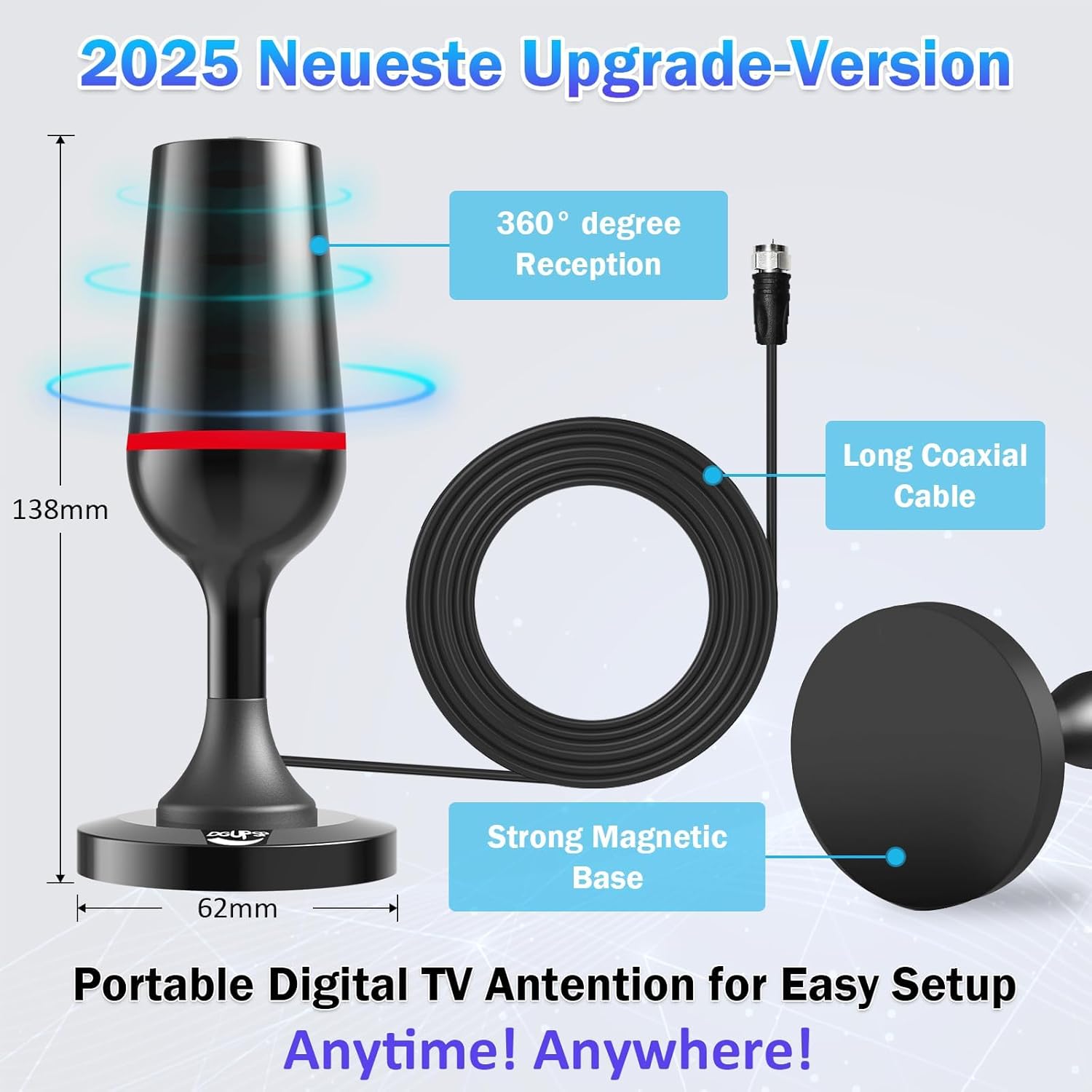 Digital TV Antenna for Smart Tv Indoor TV Antenna for Tv Without Cable with Strong Magnetic Base, 360° Reception HD Antenna for TV Indoor 4k -10FT Long Cables(Red-V15712 - Image 3