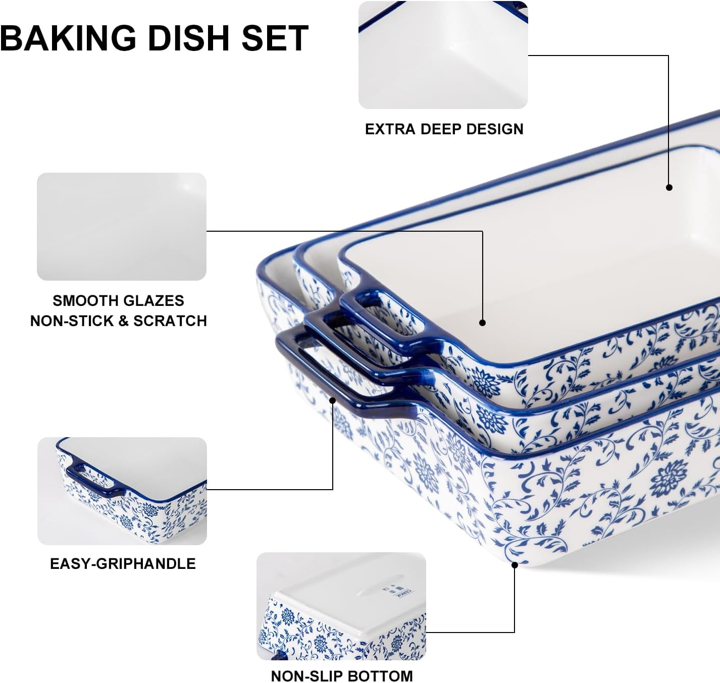 Bakeware Set Ceramic Baking Dish Casserole Dishes for Oven Rectangular Lasagna Pan for Cooking, Kitchen - Microwave Dishwasher Safe - Wedding & House Warming Gift, Set of 3, Blue - Image 6