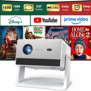 Smart Mini Projector, 1500 ANSI Portable Projector with WiFi and Bluetooth, HAPPRUN 4K Full HD Home Theater with 270° Stand, Dolby Sound, Built-in Apps,Compatible with Phone & PC, Indoor & Outdoor Use