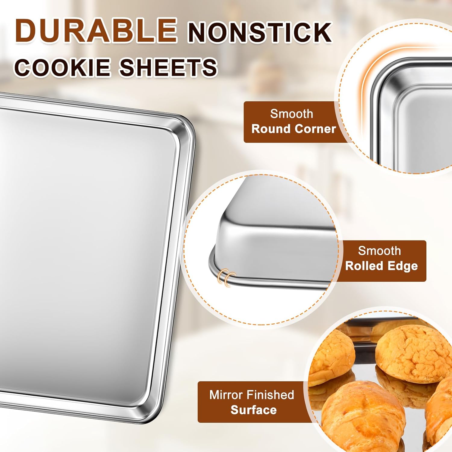 Baking Sheet Set of 3, Commercial Grade Stainless Steel Cookie Sheets for Baking, 12/16/17.5 Inch, Thicker and Firmer Baking Pans Set, Rust & Warp Resistant & Nonstick, Nontoxic&Heavy Duty&Easy Clean - Image 6