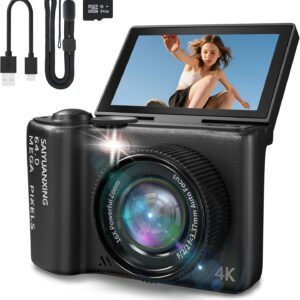 16X Zoom 4K Digital Camera for Photography and Video, Point and Shoot Digital Cameras with Flip Screen, Small Digital Camera, Vlogging Camera for YouTube Video Recording (Black)