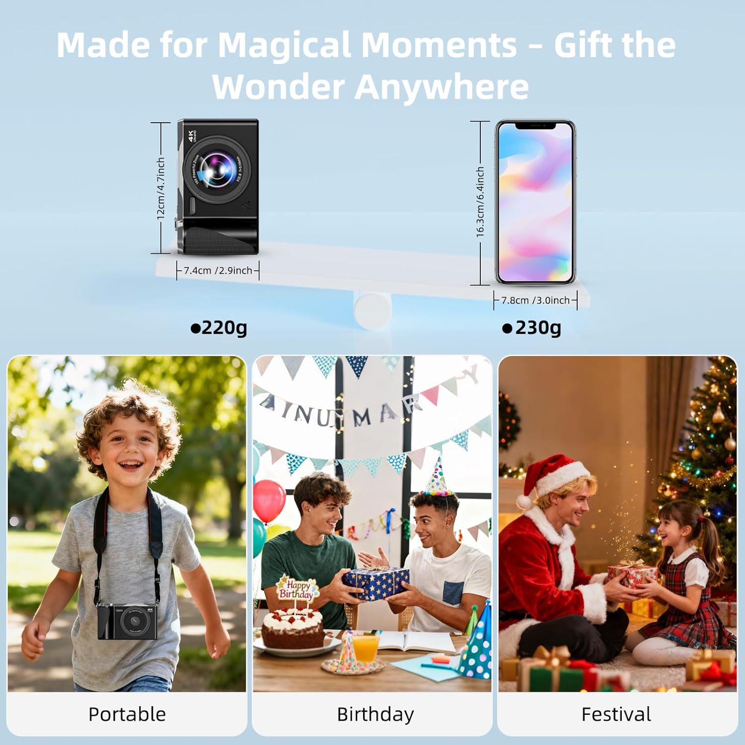 4K Digital Camera for Photography and Video, 56MP Autofocus Vlogging Camera for YouTube, 3" 180° Flip Screen & 16X Digital Zoom, Compact Travel Cameras with 32GB SD Card for Beginners & Adults - Image 7