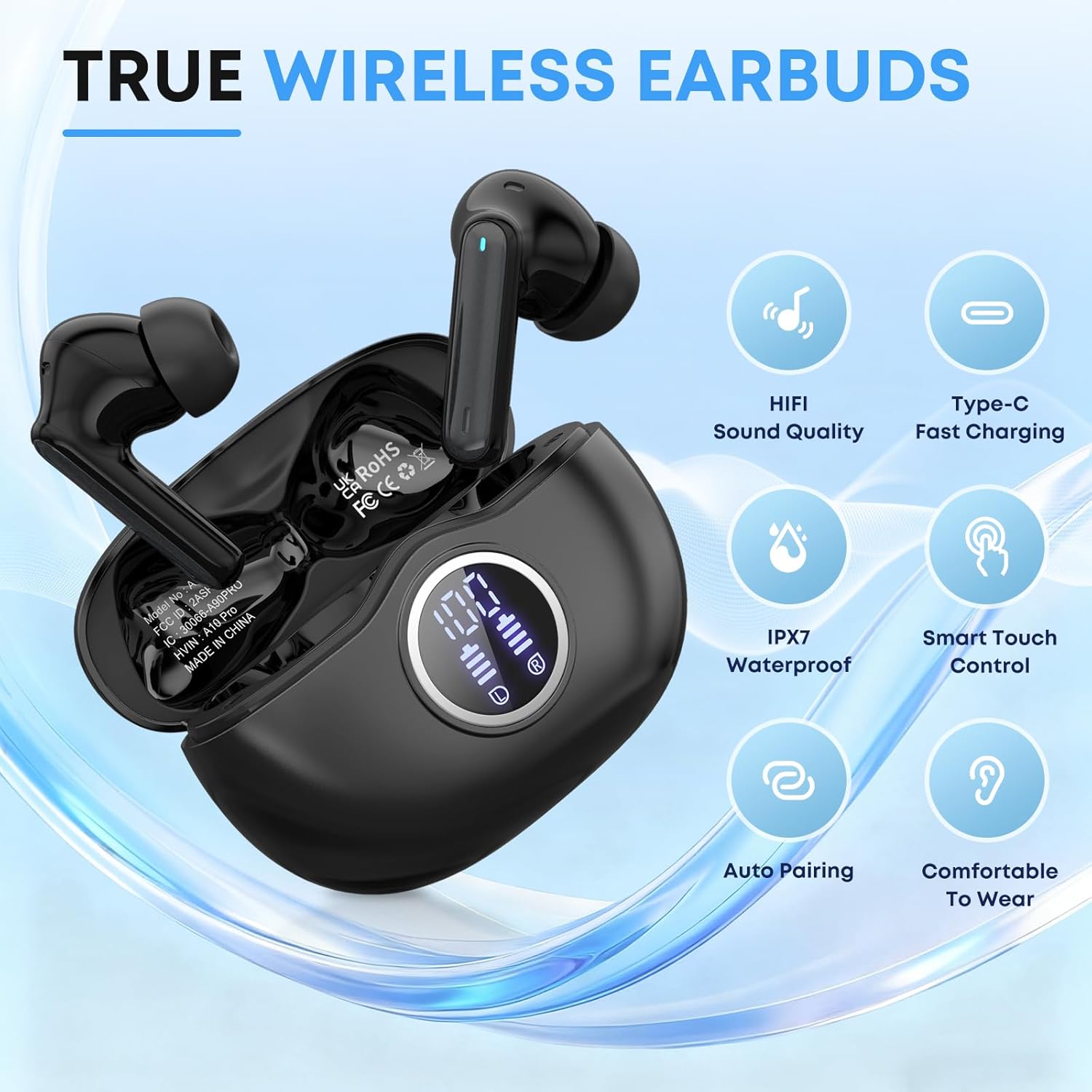 A10 Pro Wireless Earbuds Bluetooth 5.3 HiFi Stereo, 50H Playback LED Digital Display Earphones, ENC Noise Cancelling Mic, Ergonomic Sport Headphone Headset for Gym/Running/Work-Black - Image 2