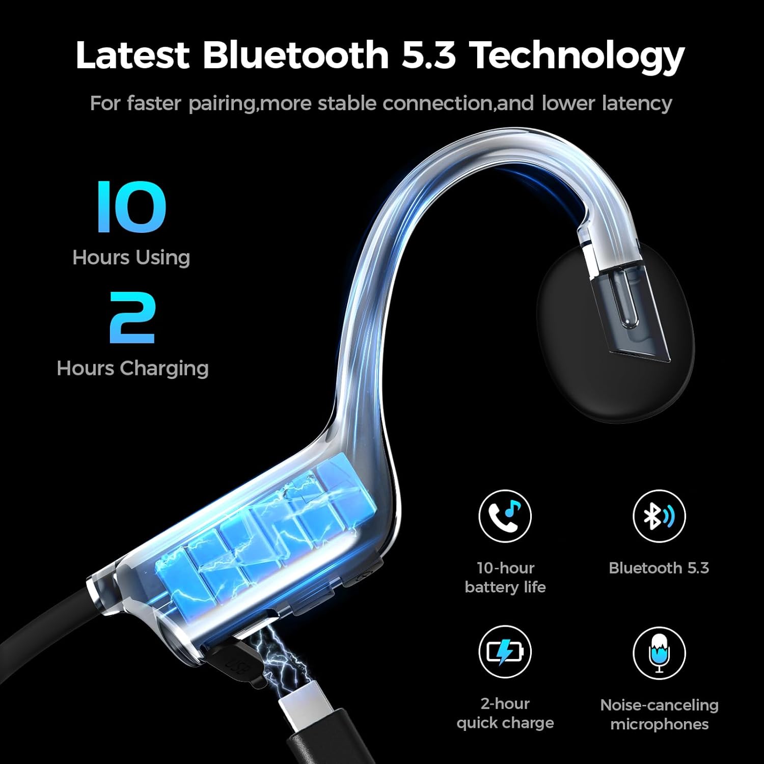 Bone Conduction Headphones, Wireless Bluetooth Open-Ear Sports Headphones with Mic, Type-C Quick Charging Long Battery Life, Upgrade Waterproof Earphones for Running, Walking, Cycling, Workout, Gift - Image 5