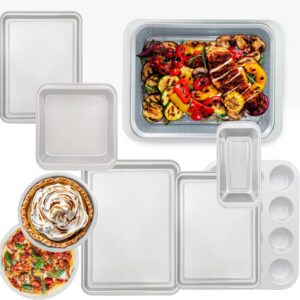 Nonstick Bakeware Set 10 Pcs, Professional Kitchen Bicolor Baking Pans Set with Cookie Sheets, Muffin Pan, Loaf Pan, Cake Pan and Cooling Rack, Dishwasher Safe, 0.8mm Thick Heavy Duty