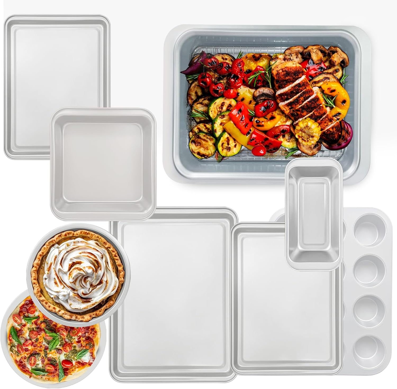 Nonstick Bakeware Set 10 Pcs, Professional Kitchen Bicolor Baking Pans Set with Cookie Sheets, Muffin Pan, Loaf Pan, Cake Pan and Cooling Rack, Dishwasher Safe, 0.8mm Thick Heavy Duty