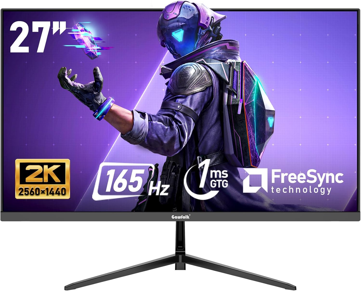 Gawfolk 27 inch 2K QHD(2560×1440) PC Screen, 165Hz Gaming Monitor, 1ms Without Bezel, FreeSync,98% sRGB, 178° Wide Viewing Angle,Display 1.4、Port HDMI2.0, Wall Mount Compatible 75 * 75MM- Black