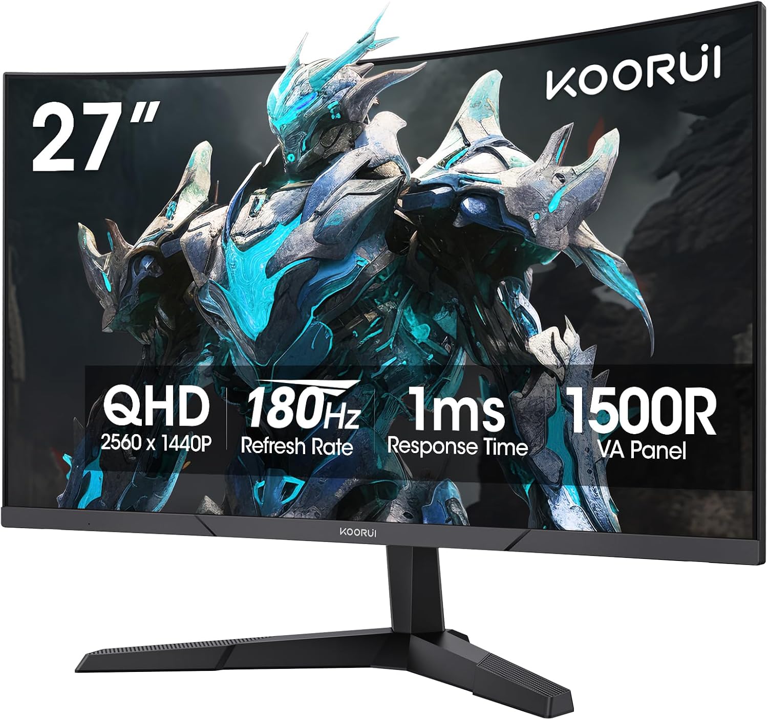 KOORUI 27 Inch Curved Gaming Monitor QHD (2560 x 1440) 180Hz, 1ms 1500R Display, Adaptive Sync, 90% DCI-P3, HDMI 2.0 & DisplayPort 1.4, VESA, Tilt, Eye Care, 27E6QCA