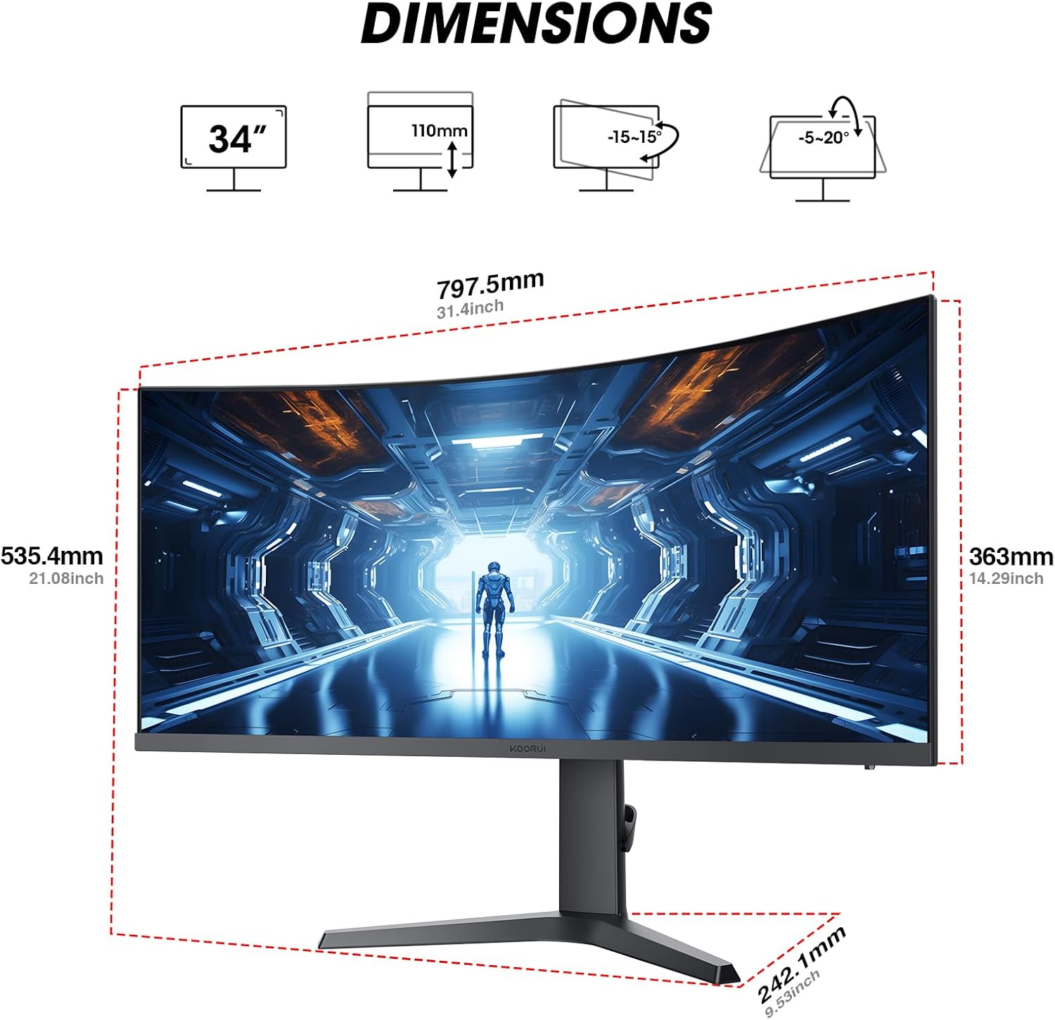 KOORUI 34-inch Curved Ultrawide WQHD 3440×1440 Gaming Monitor, 180Hz 1000R- PIP/PBP, 1ms(MPRT), HDR400, DCI-P3 95%, FreeSync Premium, 1 x DP 1.4 & 2 x HDMI 2.0, Tilt Height Swivel Adjustment, 34E6UC - Image 9