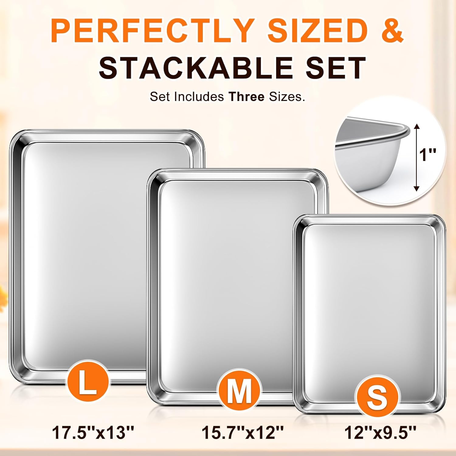 Baking Sheet Set of 3, Commercial Grade Stainless Steel Cookie Sheets for Baking, 12/16/17.5 Inch, Thicker and Firmer Baking Pans Set, Rust & Warp Resistant & Nonstick, Nontoxic&Heavy Duty&Easy Clean - Image 2