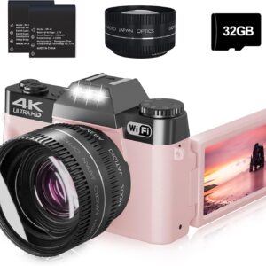 4K Digital Camera for Photography, 56MP Vlogging Camera for YouTube with 3″ 180° Flip Screen,16X Digital Zoom,Autofocus,52mm Wide Angle & Macro Lens,32GB TF Card and 2 Batteries Pink