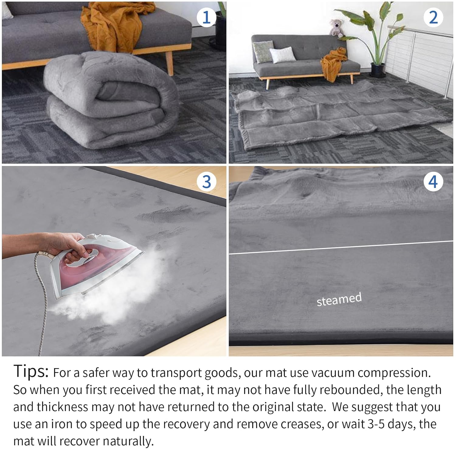 Baby Play Mat for Floor,1.3" Thick Memory foam Tummy Time Mat,Soft Coral Velvet Nursery Rug,Extra Large Non Slip Crawling Mats for Toddlers,Infants,kids,Yoga Mats & Tatami Style for Living Room(Dark Gray) - Image 8