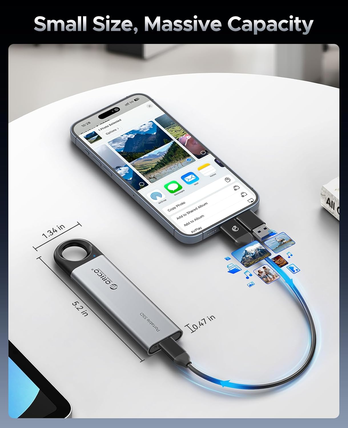 ORICO 1TB External SSD Up to 1050MB/s, Hanging Hole Design Portable Solid State Drive, USB C&A 2 in 1 Cable, Reliable Storage for Type-C Smartphone, Tablets, Laptops - C10 - Image 3