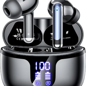 wireless earbuds bluetooth 5.4 Headphones 42h Duration Playback for running/fitness/office use. Equipped with 4 noise cancelling microphones, IPX6 waterproof and LDE battery display screen Black