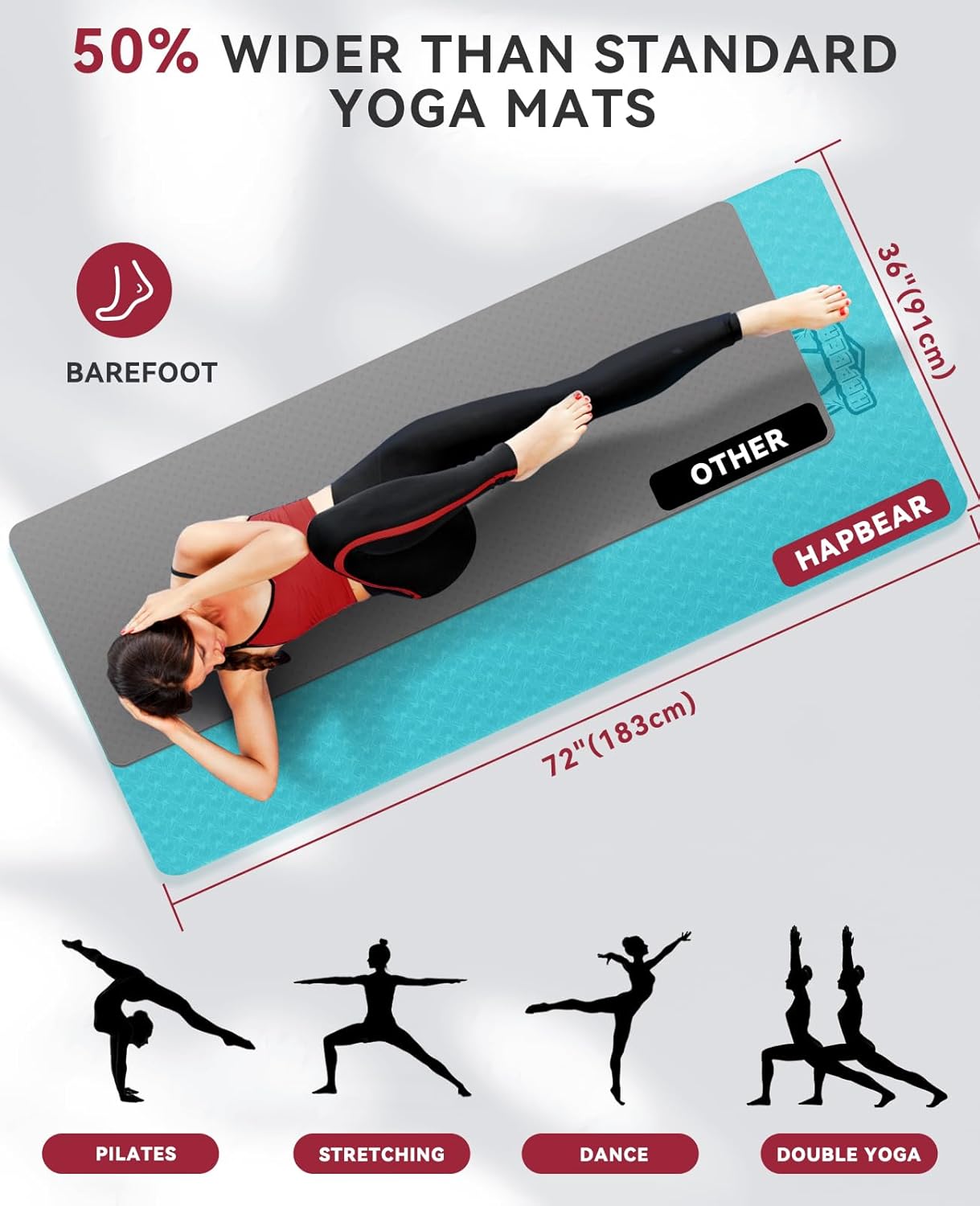 HAPBEAR Large Yoga Mat - 72"x36"x6mm (1/4 inch), Extra Wide Non-Slip Exercise Mat for Home Workout, Yoga, Pilates & Stretching, Durable & Eco-Friendly, Includes Bonus Resistance Bands & Carry Bag - Image 2