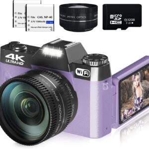 Digital Cameras for Photography, 4K 56MP Vlogging Camera 16X Digital Zoom Manual Focus Rechargeable Students Compact Camera with 52mm Wide-Angle & Macro Lens, 32G TF Card and 2 Batteries(Purple)