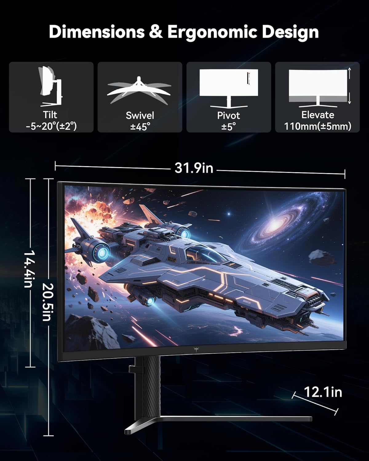 KTC 34 Inch UWQHD Curved Gaming Monitor, 3440x1440 Ultrawide PC Monitor 1500R, 180Hz 21:9 Display, Adaptive Sync, 1ms MPRT, 4000:1 Contrast, Tilt/Swivel/Pivot/Height Adjustment, HDMI2.0 & DP1.4,H34S5 - Image 9
