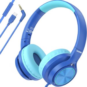 INFURTURE USB C Headphones Kids for School, 3.5mm Wired Headphones for Kids Lightweight On-Ear Headphones Built-in Mic, Safe Volume Limited for Girls/Boys/School,Travel,Cellphones,Tablets(Blue)
