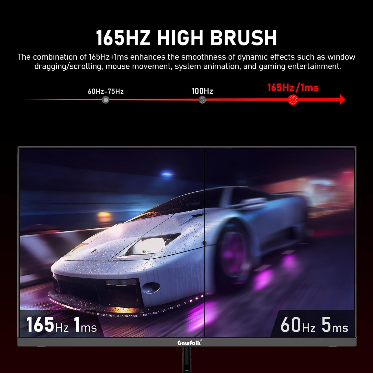 Gawfolk 27 inch 2K QHD(2560×1440) PC Screen, 165Hz Gaming Monitor, 1ms Without Bezel, FreeSync,98% sRGB, 178° Wide Viewing Angle,Display 1.4、Port HDMI2.0, Wall Mount Compatible 75 * 75MM- Black - Image 2