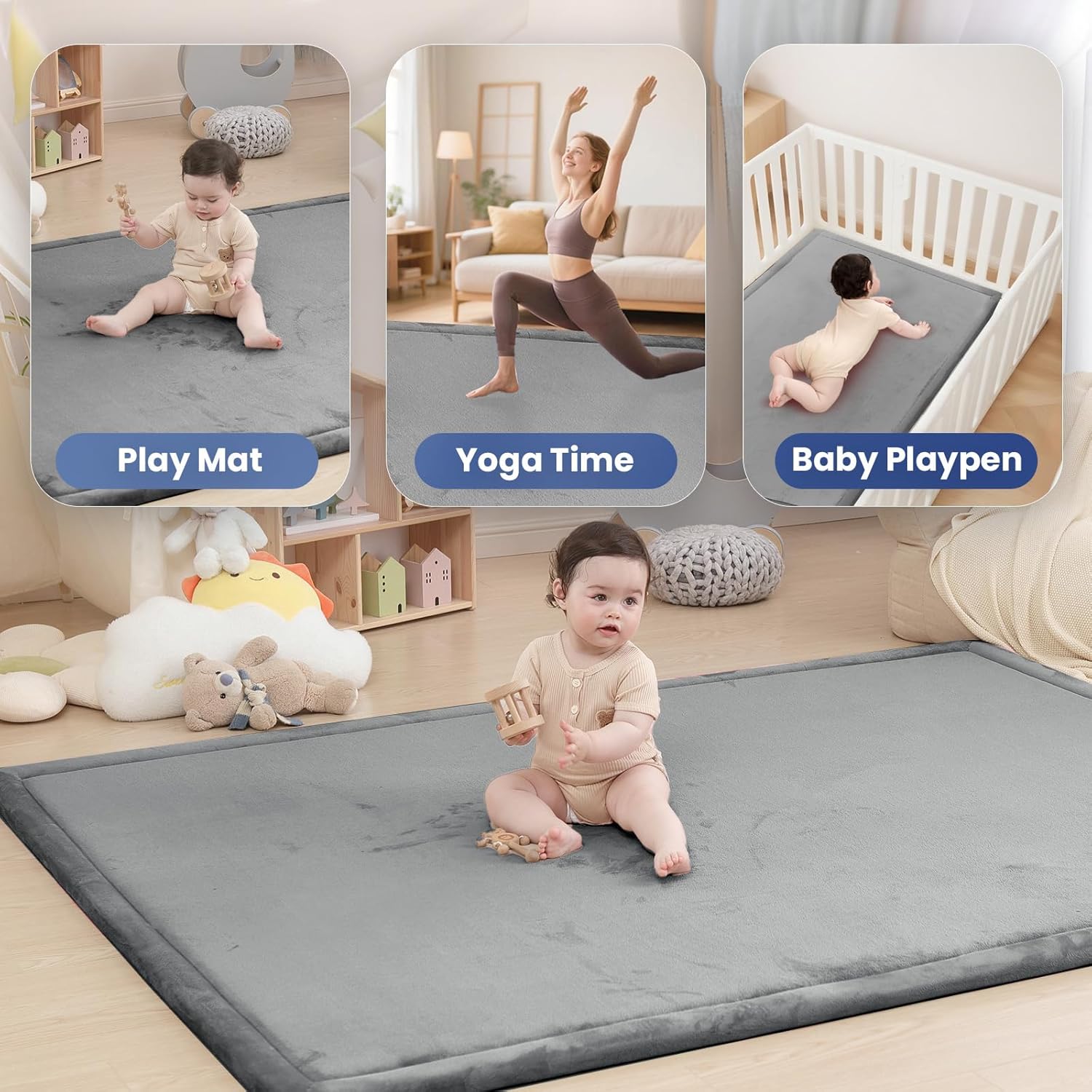 Baby Play Mat for Floor,1.3" Thick Memory foam Tummy Time Mat,Soft Coral Velvet Nursery Rug,Extra Large Non Slip Crawling Mats for Toddlers,Infants,kids,Yoga Mats & Tatami Style for Living Room(Dark Gray) - Image 5