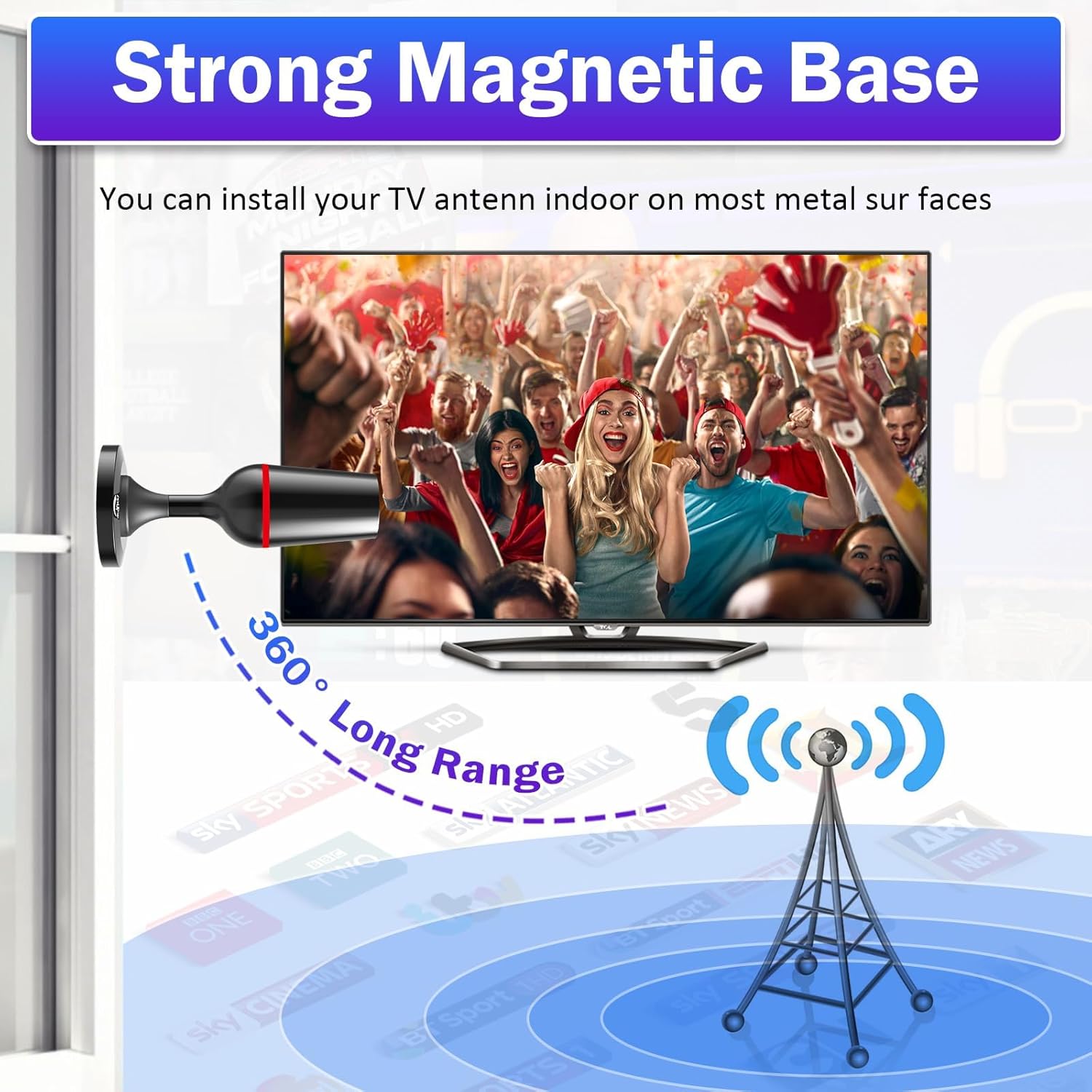 Digital TV Antenna for Smart Tv Indoor TV Antenna for Tv Without Cable with Strong Magnetic Base, 360° Reception HD Antenna for TV Indoor 4k -10FT Long Cables(Red-V15712 - Image 4