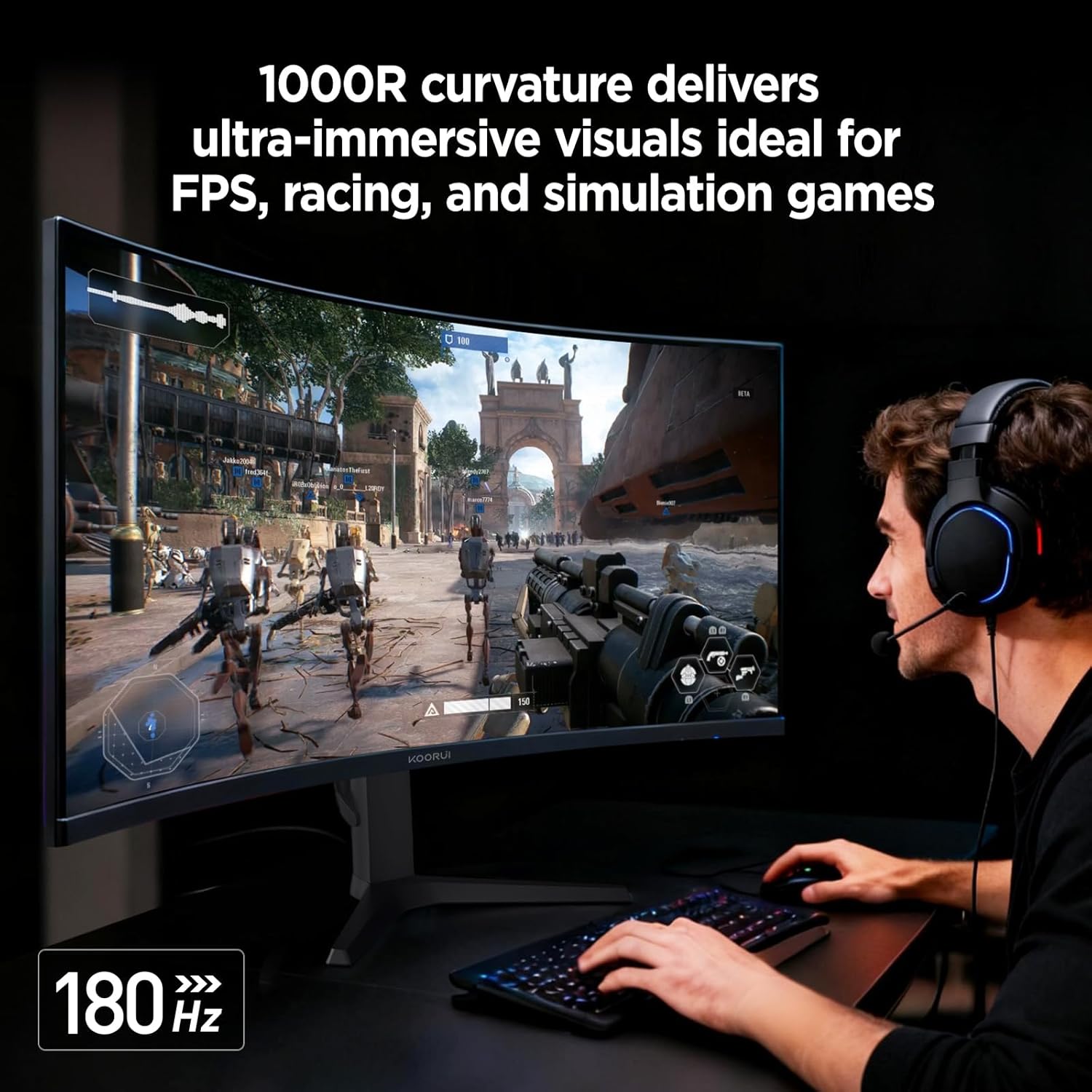 KOORUI 34-inch Curved Ultrawide WQHD 3440×1440 Gaming Monitor, 180Hz 1000R- PIP/PBP, 1ms(MPRT), HDR400, DCI-P3 95%, FreeSync Premium, 1 x DP 1.4 & 2 x HDMI 2.0, Tilt Height Swivel Adjustment, 34E6UC - Image 6